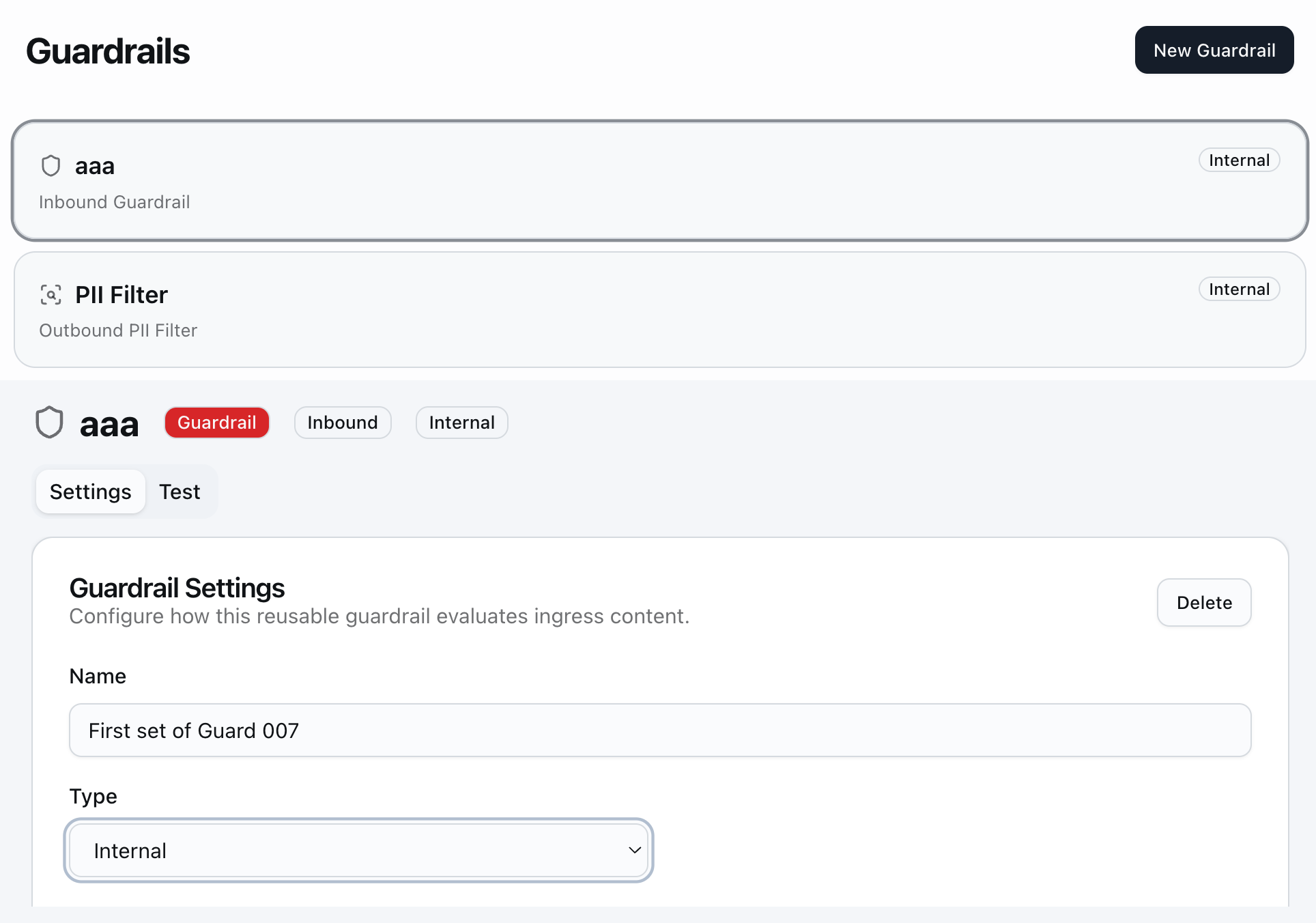 Ekran Guardrails: lista barier Inbound Guardrail i Outbound PII Filter oraz panel ustawień wybranej bariery