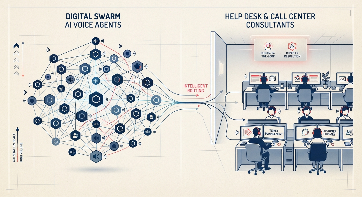 Rój głosowych agentów AI kierowany przez inteligentny routing do konsultantów help desku i call center, którzy przejmują sprawy złożone (Human-in-the-loop)