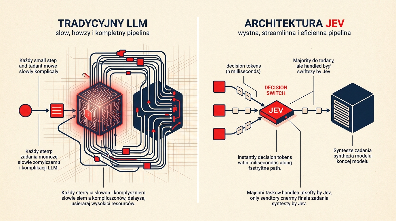 Schemat: tradycyjny LLM jako gęsta, wielokrotnie zapętlona ścieżka przetwarzania obok architektury JEV, w której przełącznik decyzyjny kieruje zadania w milisekundach, a model językowy uruchamiany jest dopiero do syntezy