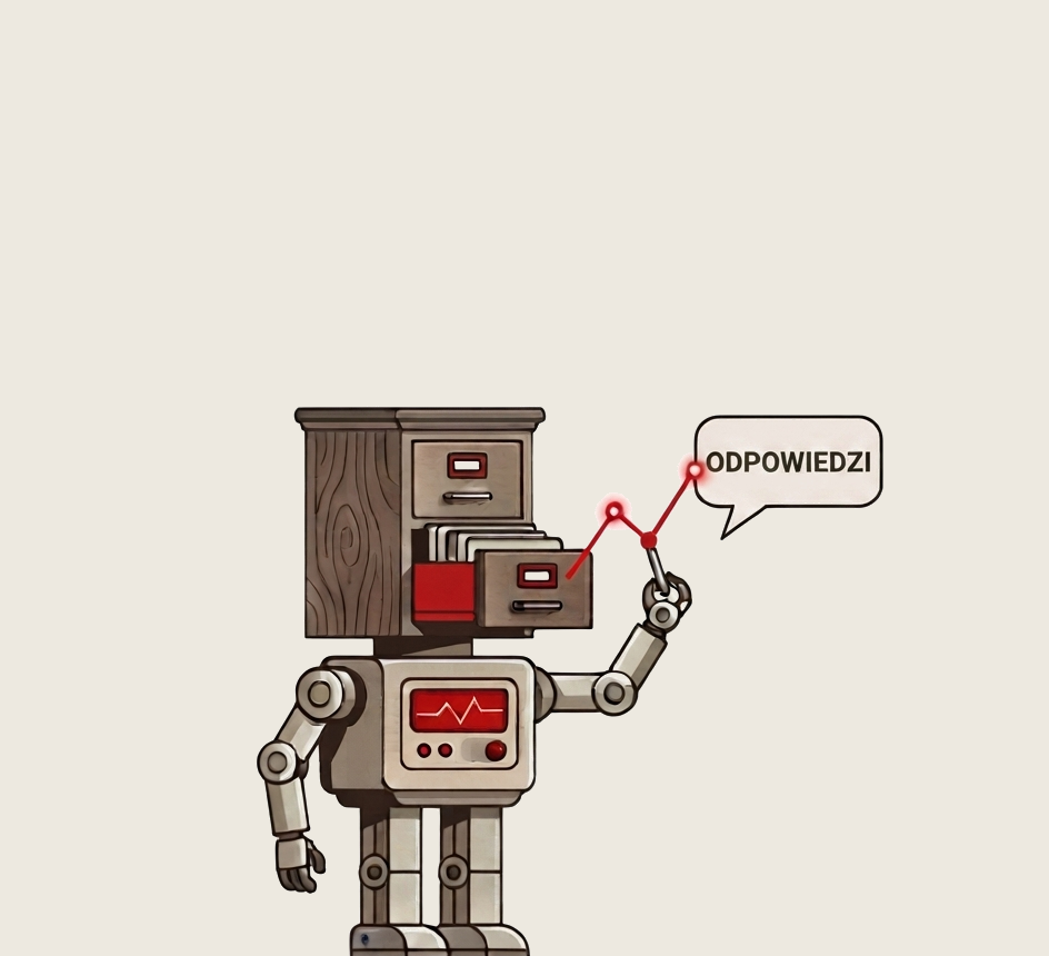 Robot z szufladą-głową odnajduje odpowiedzi — RAG i zarządzanie wiedzą