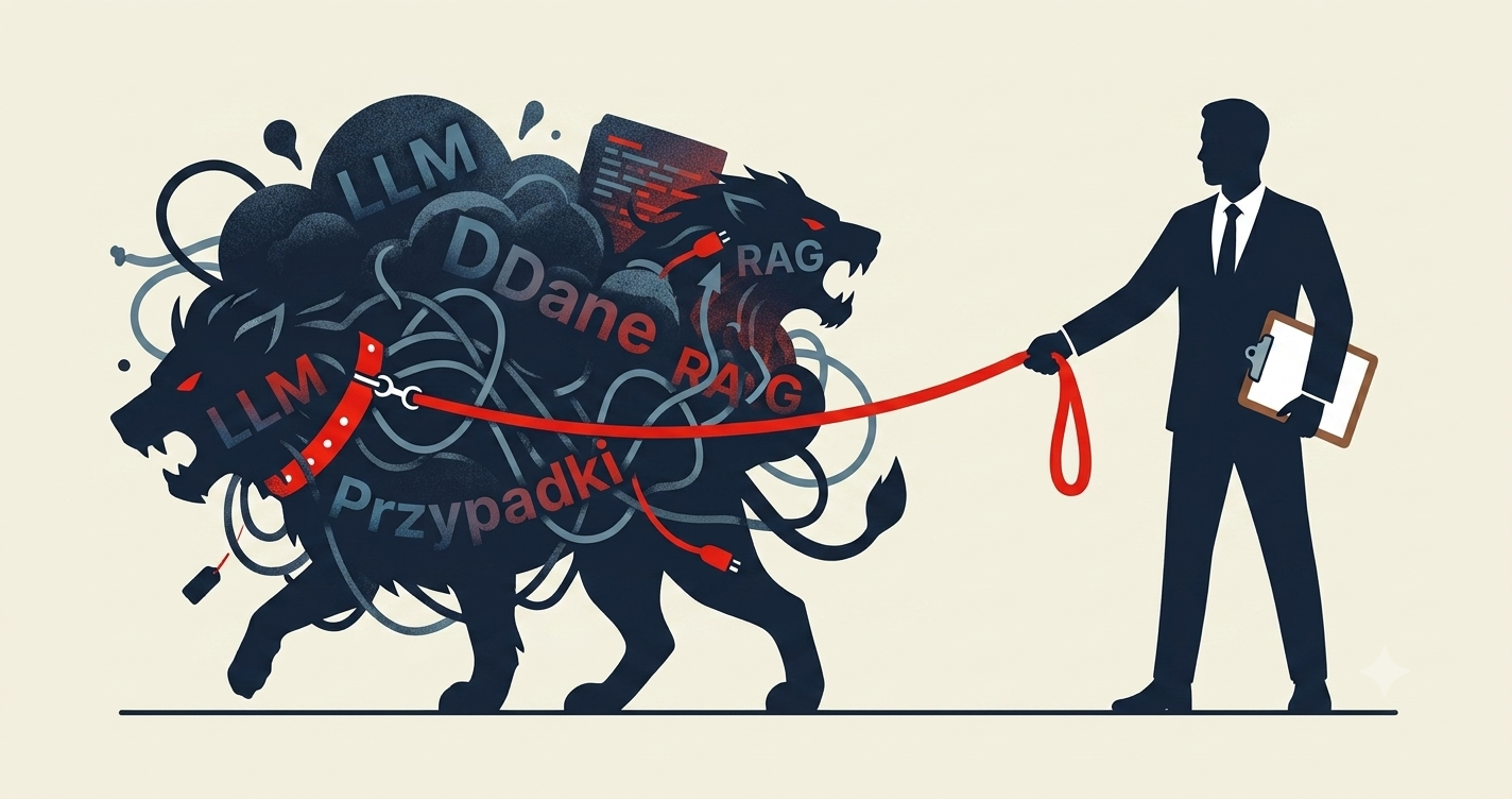 Menedżer trzyma na czerwonej smyczy okiełznane lwy — chaos wdrożeń AI w legacy IT